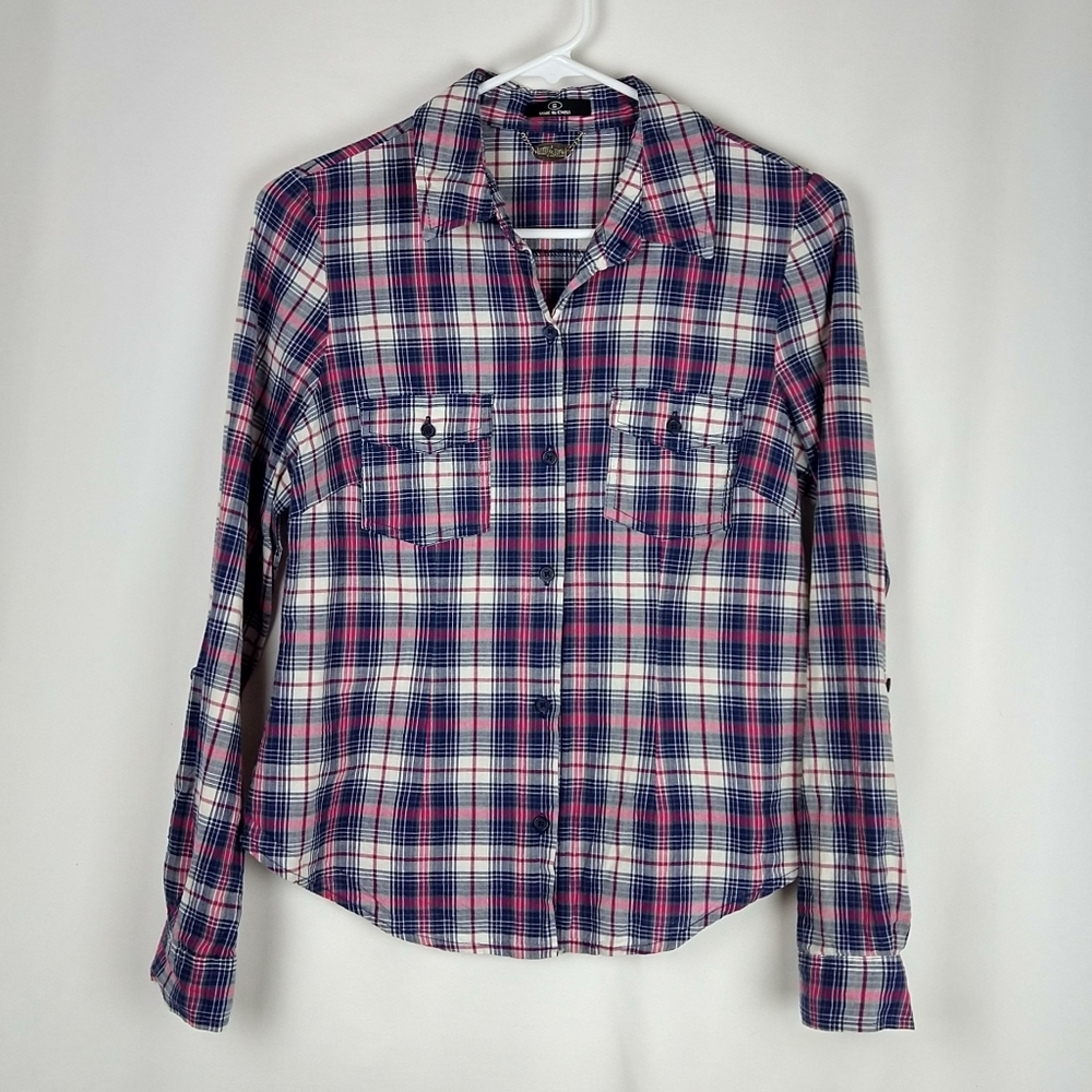 Ali & Kris Pink Blue Plaid Button Down Shirt Small